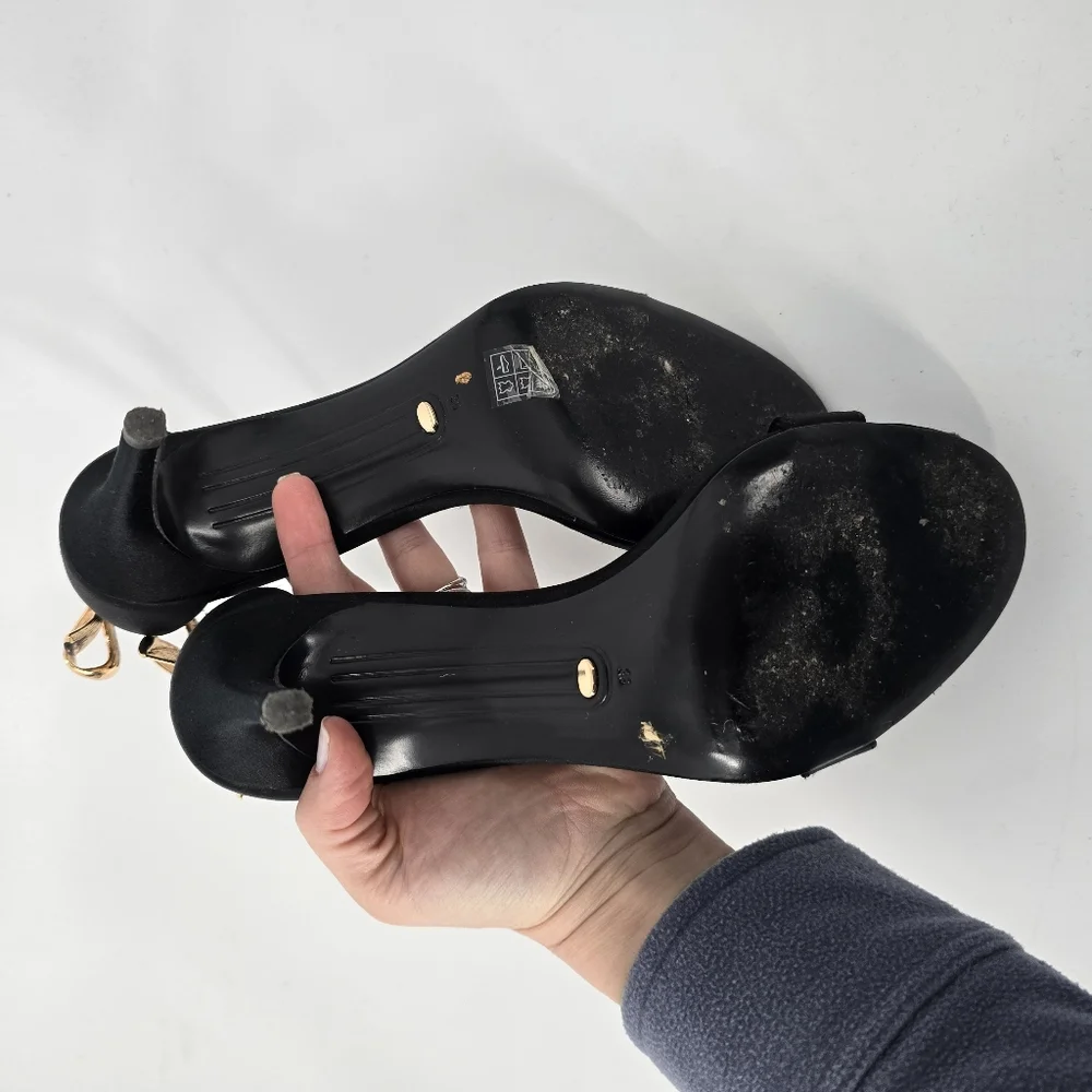 Stella Luna Black Satin Strappy Black Sandals Gold Bow Size 38